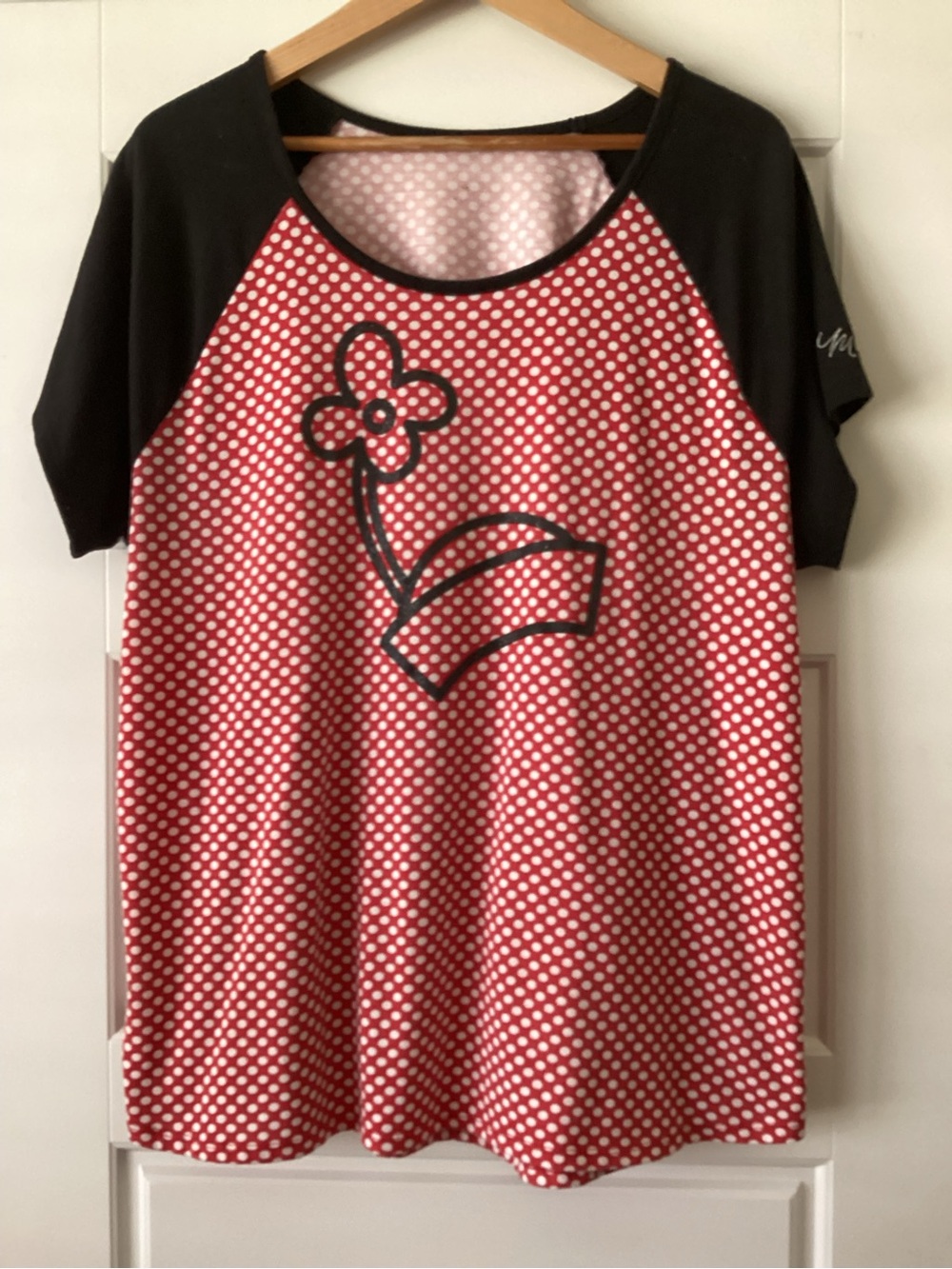 Disney Red Polka Dot Flower Raglan Top with Black Sleeves